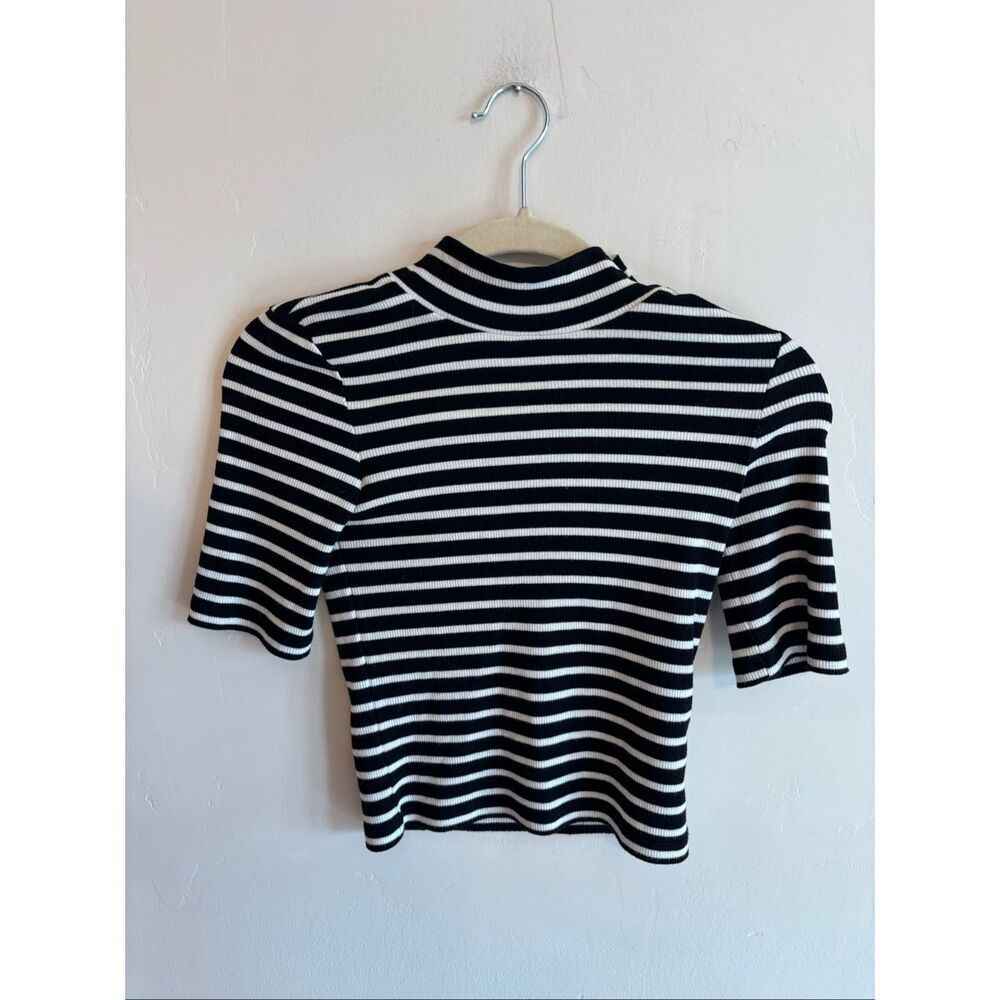 Maeve x Anthropologie Striped Mock Neck Tee Size XXS Black White Short Sleeve - Picture 2 of 6